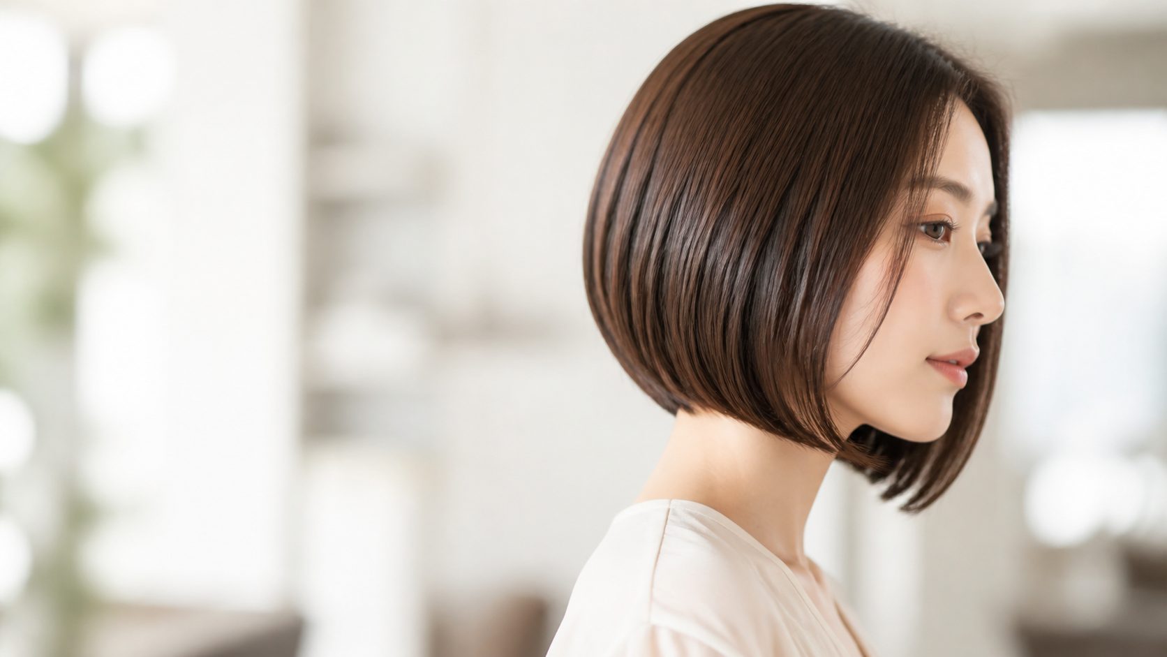 ツヤのあるボブスタイルに仕上がったお客様の横顔
