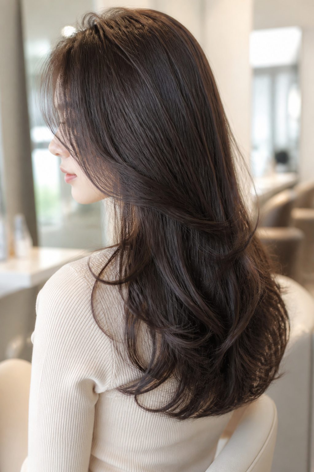 ゆるく巻いたロングレイヤーの艶やかな仕上がり